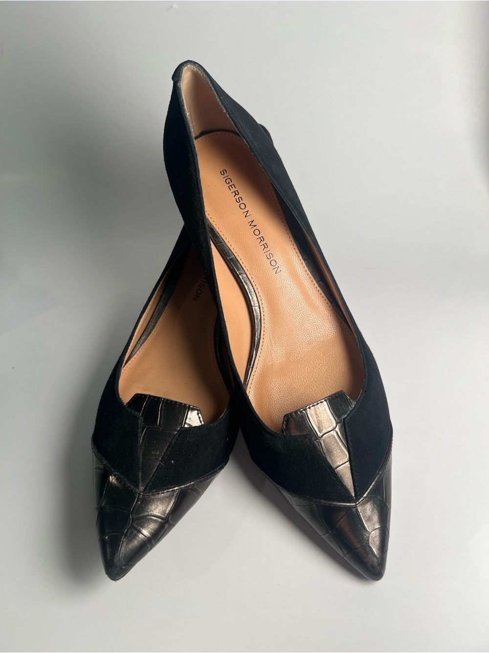Sigerson Morrison Black Pointed Small Heel, Suede w/Leather Size 6.5